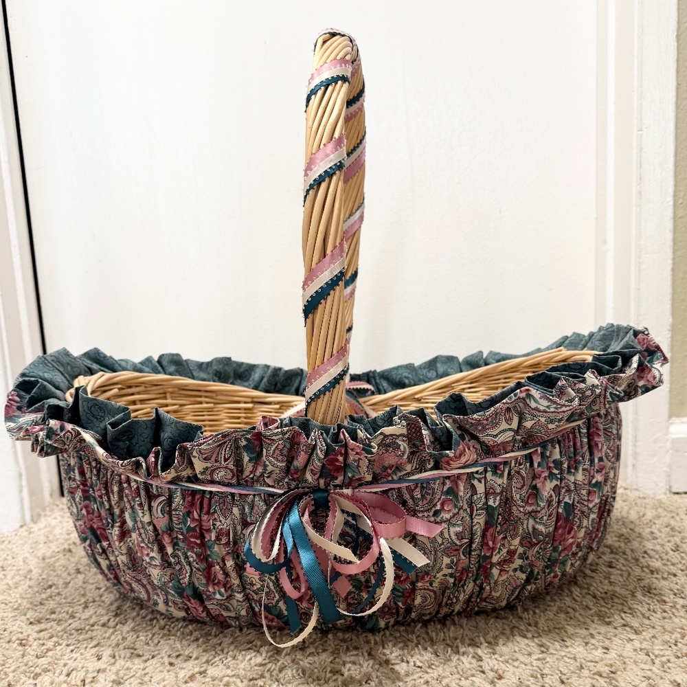 Vintage Custom basket with paisley fabric and ribbons